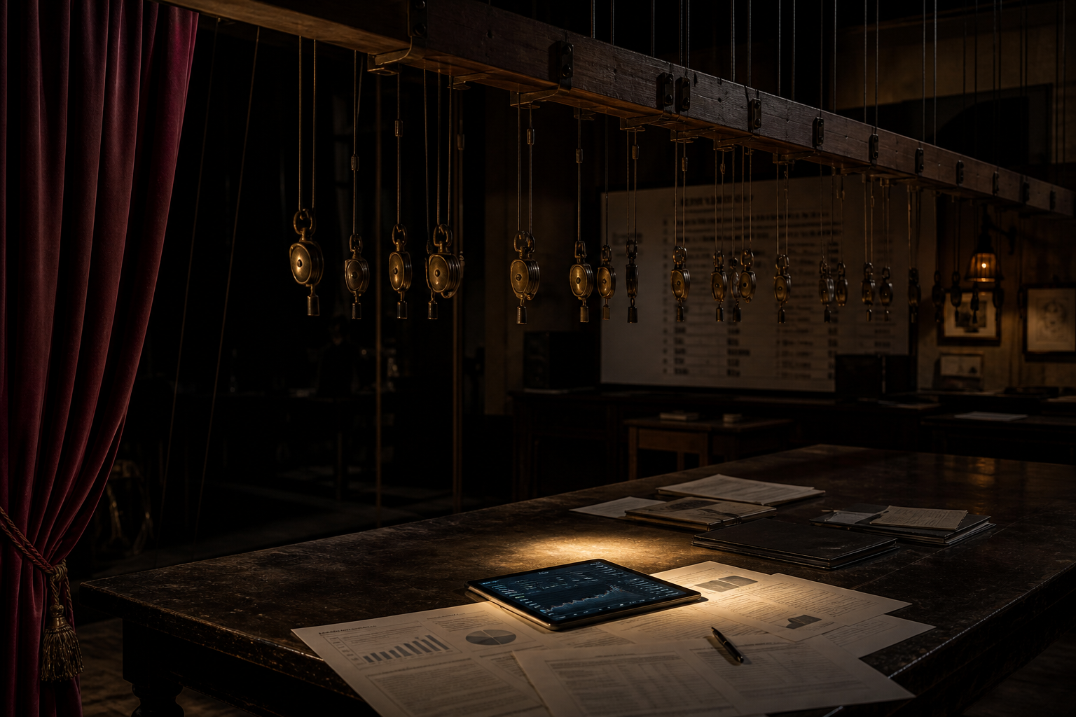 Long timber beam with hanging strings above a dark table of documents