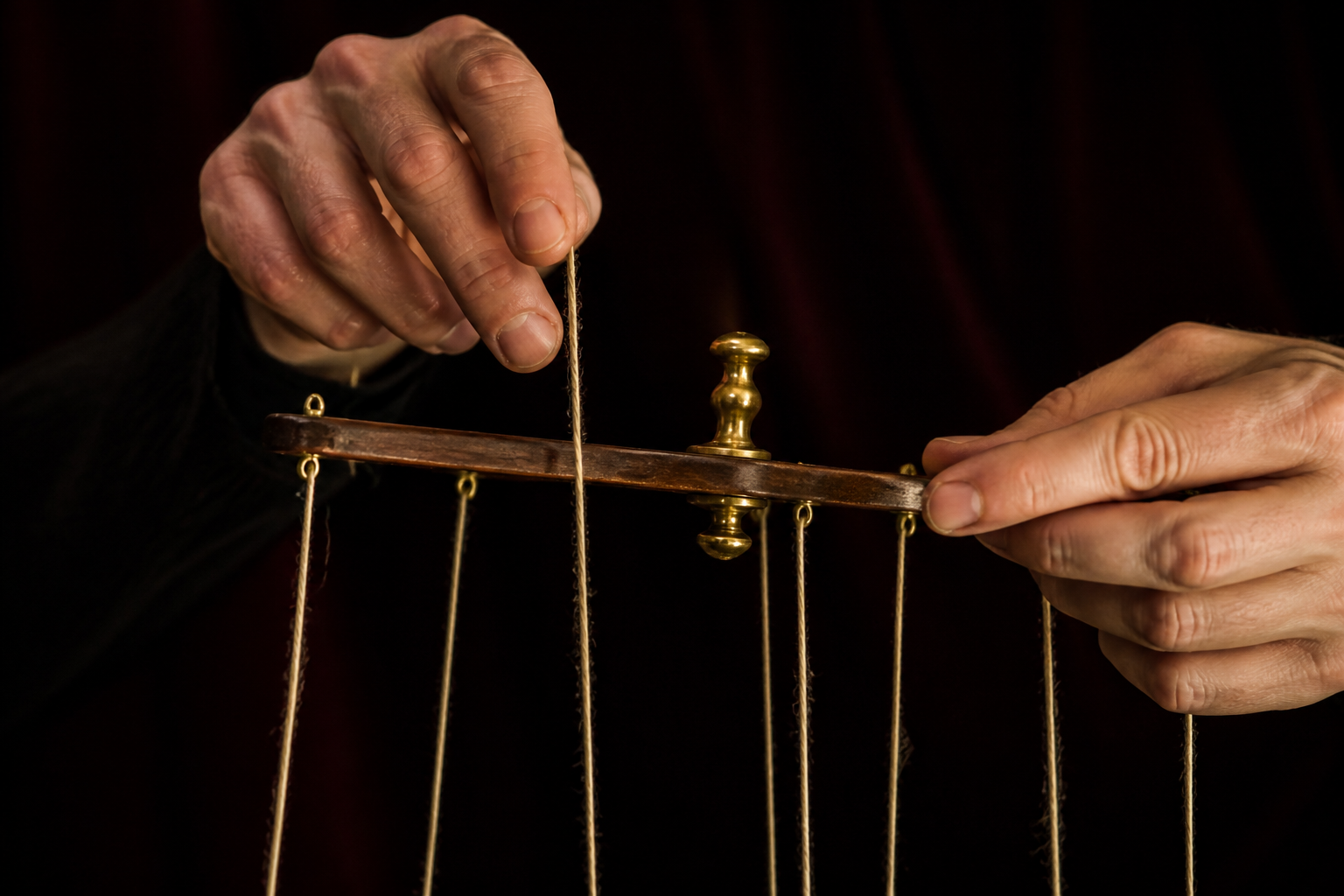 Hands adjusting thin control strings on a wooden bar