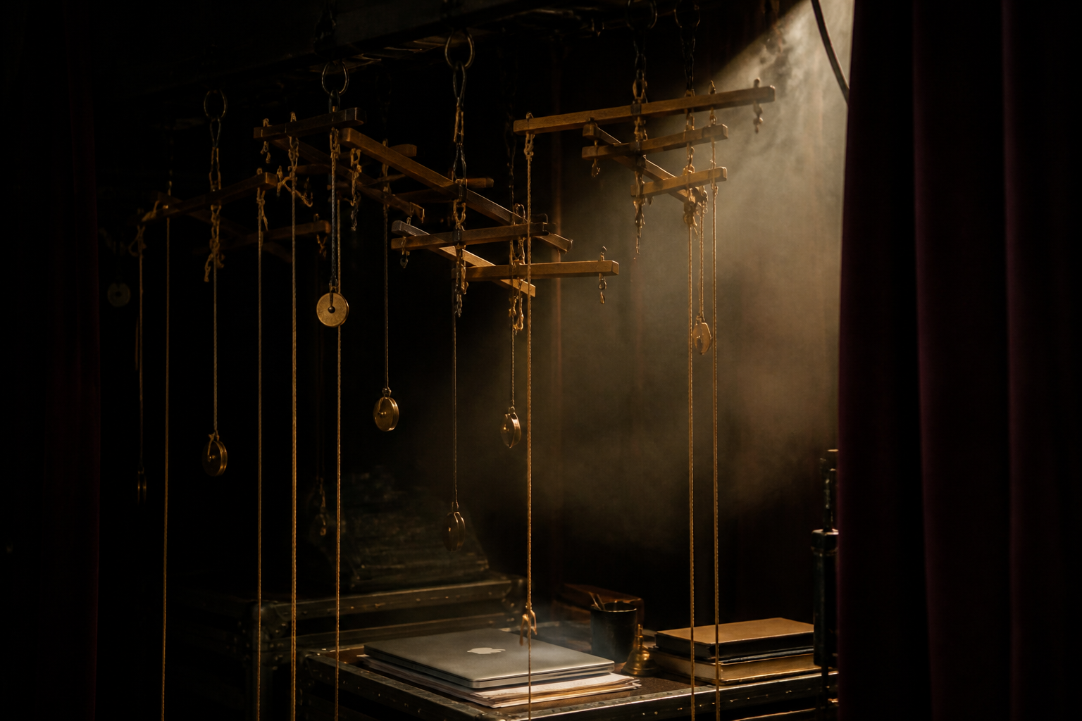 Dark backstage control bars, hanging strings and brass pulleys over a professional workspace
