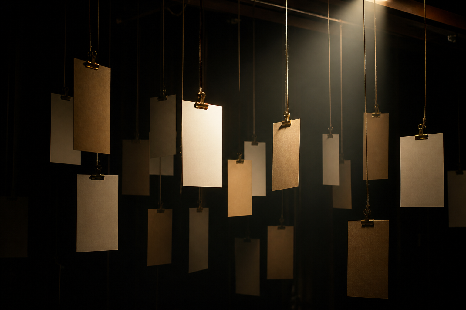 Suspended cue cards hanging from strings