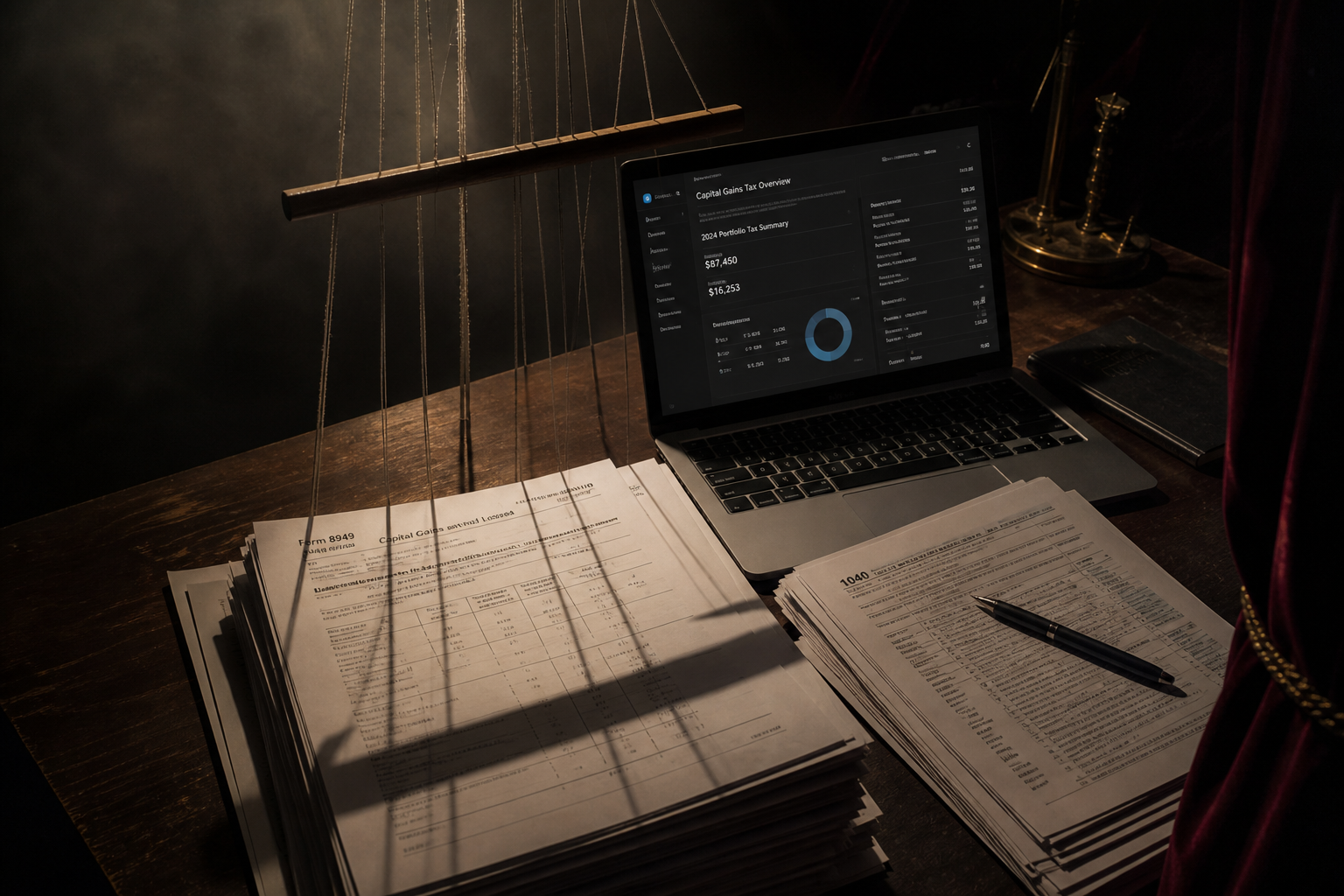 Laptop and tax documents sitting under hanging rigging shadows